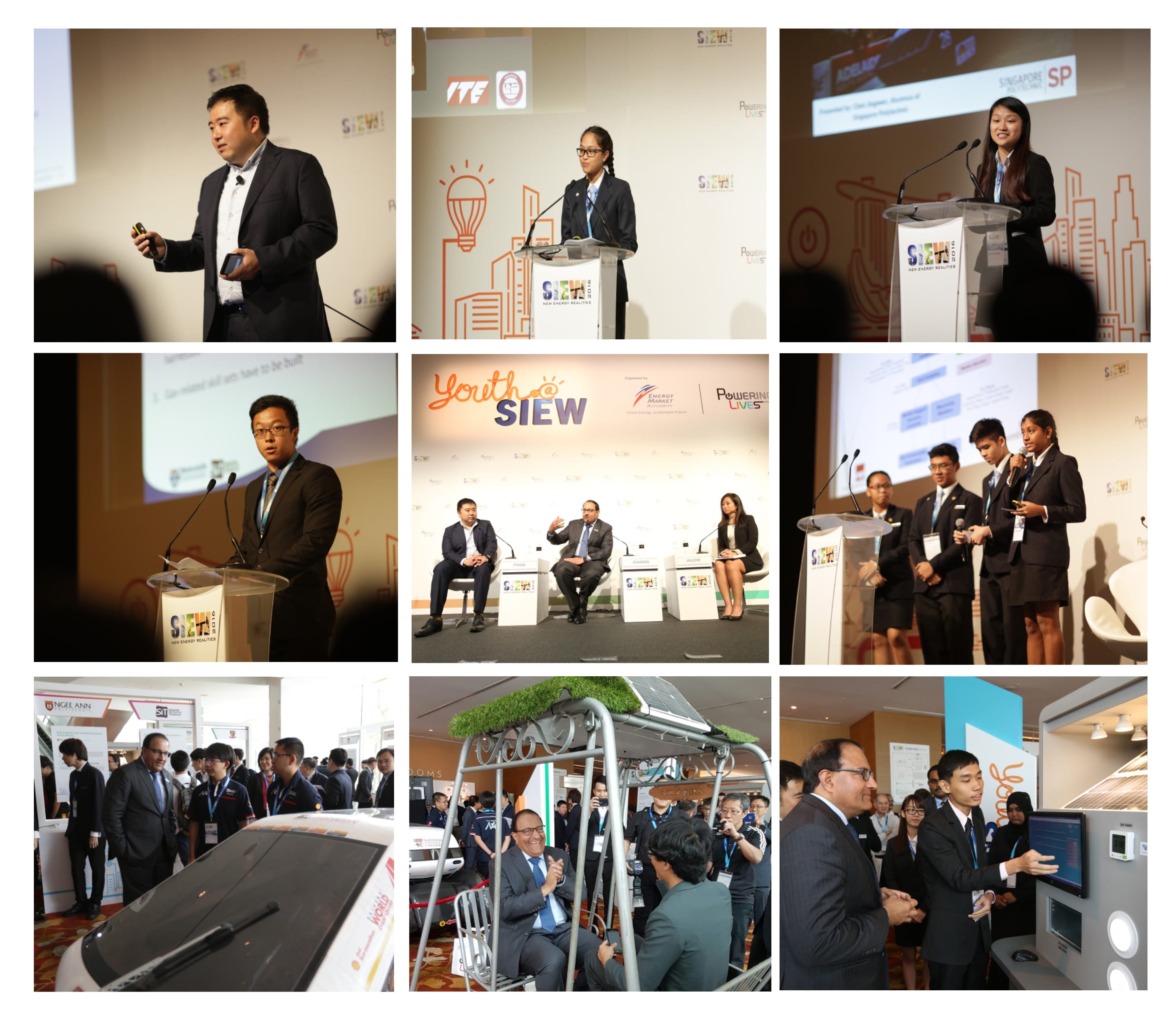 A conference with speakers on stage, panel discussions, and attendees engaging with exhibits and presentations.